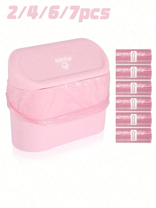2/4/6/7pcs Car Trash Can Side Hanging With Lid Storage Bucket And Garbage Bag Set, Cute And Practical Car Trash Can And Garbage Bag