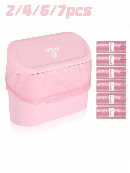 2/4/6/7pcs Car Trash Can Side Hanging With Lid Storage Bucket And Garbage Bag Set, Cute And Practical Car Trash Can And Garbage Bag