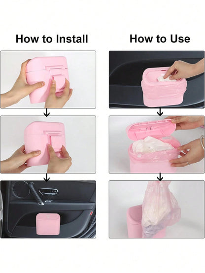 2/4/6/7pcs Car Trash Can Side Hanging With Lid Storage Bucket And Garbage Bag Set, Cute And Practical Car Trash Can And Garbage Bag