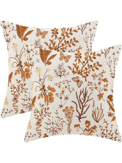 2/4pcs Autumn Pillow Covers, Burnt Orange Wild Flower Pattern, Seasonal Outdoor Farmhouse Style Square Pillow Shams, For Home Sofa And Bedroom Decor, Single-Sided Print, Pillow Insert Not Included