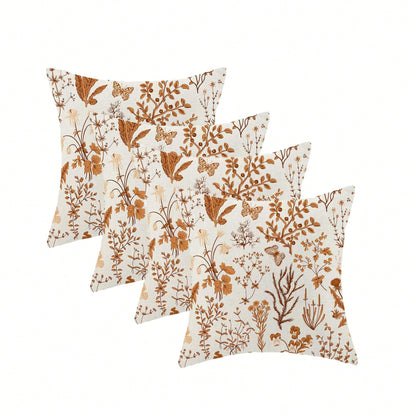 2/4pcs Autumn Pillow Covers, Burnt Orange Wild Flower Pattern, Seasonal Outdoor Farmhouse Style Square Pillow Shams, For Home Sofa And Bedroom Decor, Single-Sided Print, Pillow Insert Not Included
