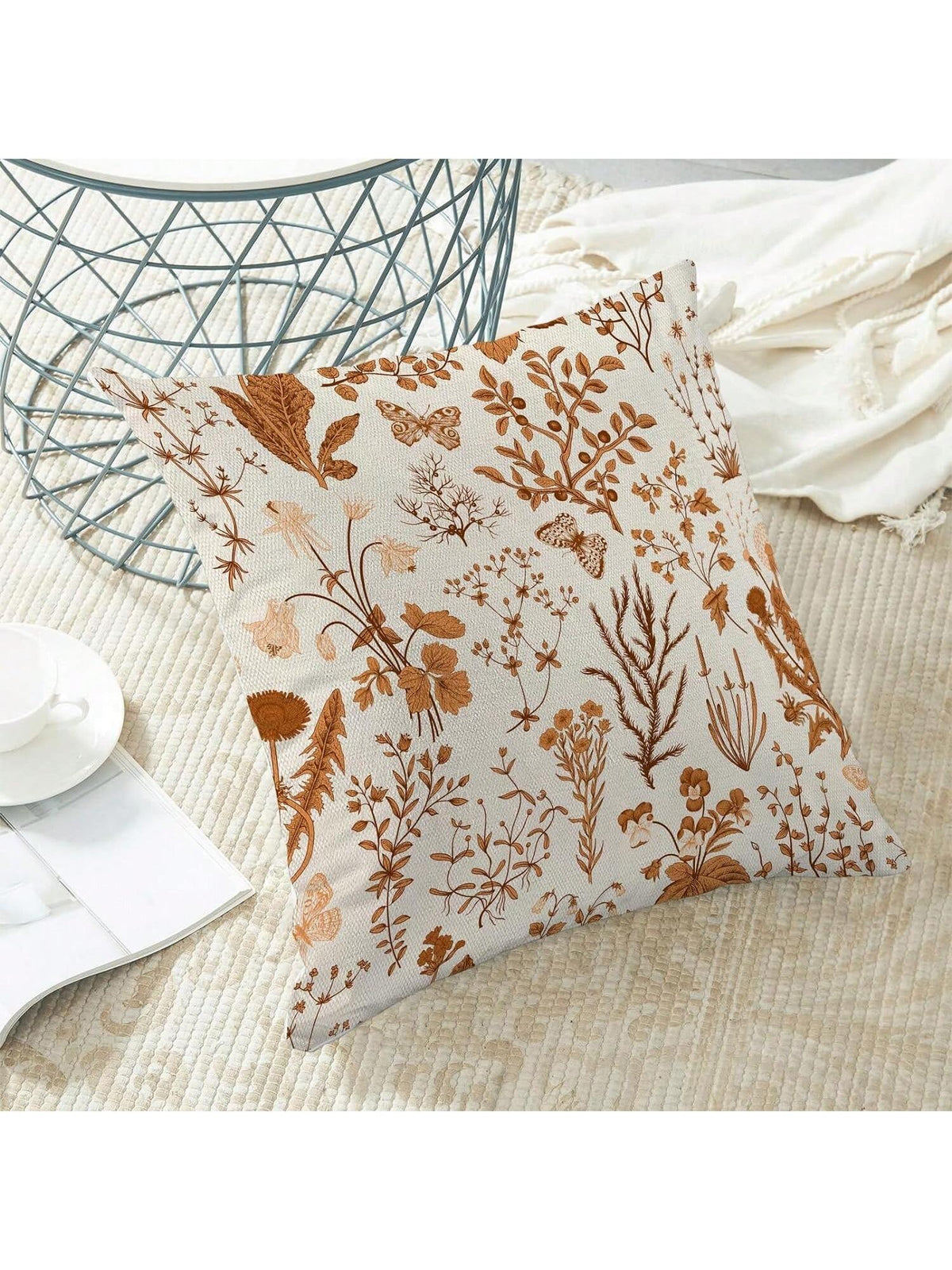 2/4pcs Autumn Pillow Covers, Burnt Orange Wild Flower Pattern, Seasonal Outdoor Farmhouse Style Square Pillow Shams, For Home Sofa And Bedroom Decor, Single-Sided Print, Pillow Insert Not Included