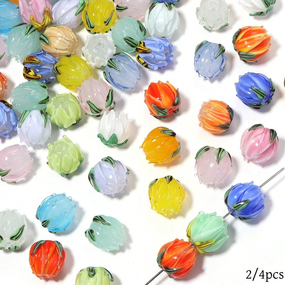 2/4Pcs Tulip Glass Beads, Multi-Color Options, Handmade Jewelry Bracelet Necklace Earring Anklet Accessories, DIY Phone Chain Keychain Tassel Pendant Car Hanging Clothing Bag Charm Decorative Beads