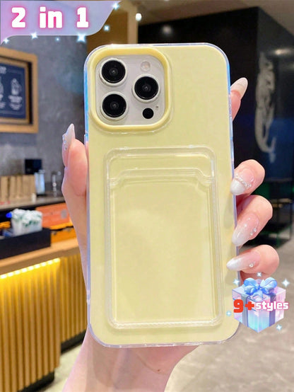 2 In 1 Candy Color Card Holder Slot Phone Case Compatible With IPhone 17Pro 17ProMax 17 Air 17 16 15 14 13 12 11 Pro Max 16Plus Simple Shockproof Clear Soft Cover