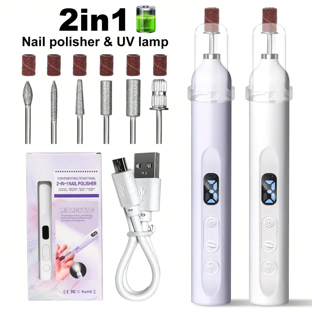 2-In-1 Electric Nail Drill Set, Wireless Rechargeable Portable Nail File, 3-Speed Adjustable, Suitable For Natural Nails, Thick Toenails And Foot Care Nail Polishing Tool, Professional Manicure And Pe