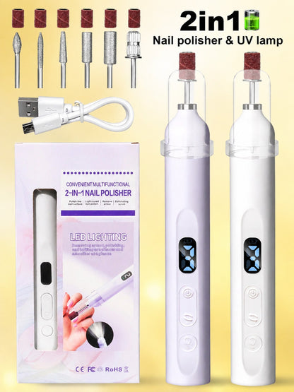 2-In-1 Electric Nail Drill Set, Wireless Rechargeable Portable Nail File, 3-Speed Adjustable, Suitable For Natural Nails, Thick Toenails And Foot Care Nail Polishing Tool, Professional Manicure And Pe