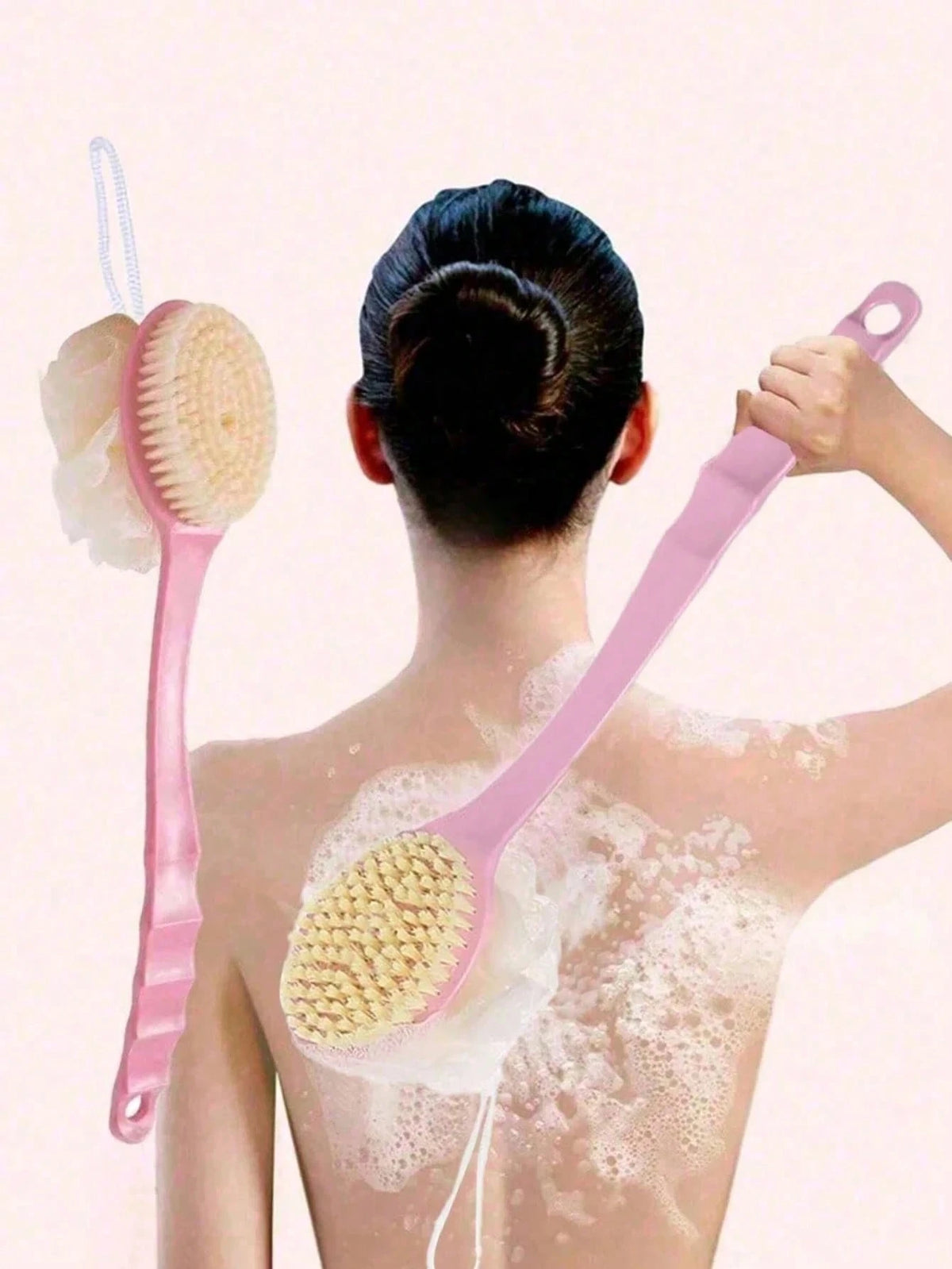 2-In-1 Long Handle Bath Brush Set, Includes Bath Sponge, Soft Bristle Massage Brush, Exfoliating Brush, Long Handle Shower Brush, Multi-Function Back Scrubber And Bathing Brush
