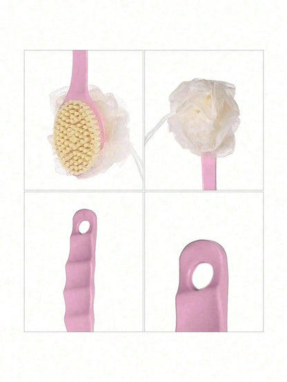 2-In-1 Long Handle Bath Brush Set, Includes Bath Sponge, Soft Bristle Massage Brush, Exfoliating Brush, Long Handle Shower Brush, Multi-Function Back Scrubber And Bathing Brush