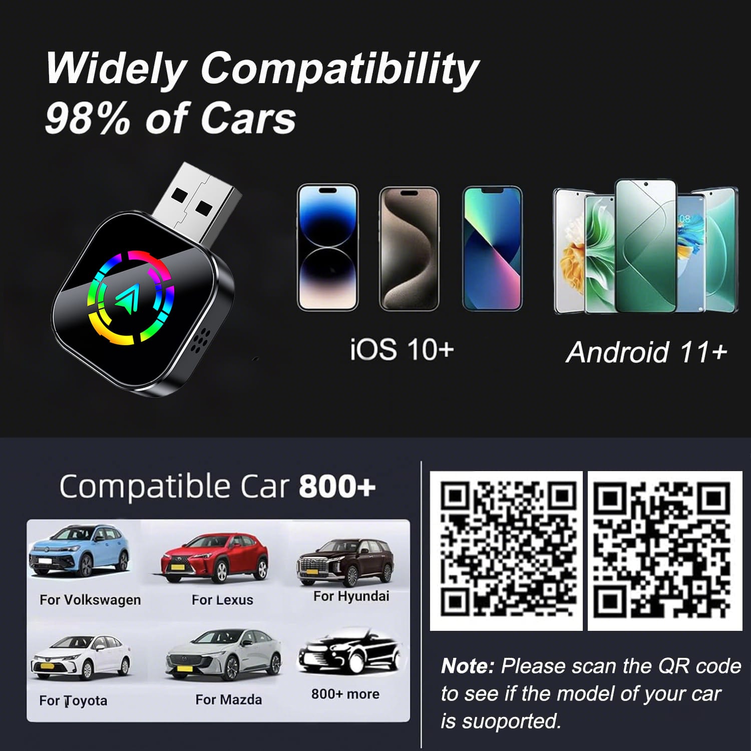 2 In 1 Mini Wireless CarPlay & Android Auto Wireless Adapter, Wireless Car Screen Adapter:Easily Upgrade Wired CarPlay To Unwired Connection, Includes USB-A To USB-C Dongle, Plug & Play For IOS 10 An