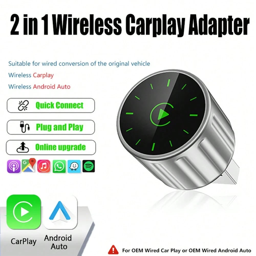 (2 IN 1• Wireless CarPlay ) Wired To Wireless CarPlay Adapter For CarPlay And Android Auto, Mini Size USB Port For 2016+ Cars And 10+/ Android 11+ 2025 Upgrade.(Attached Data Cable)