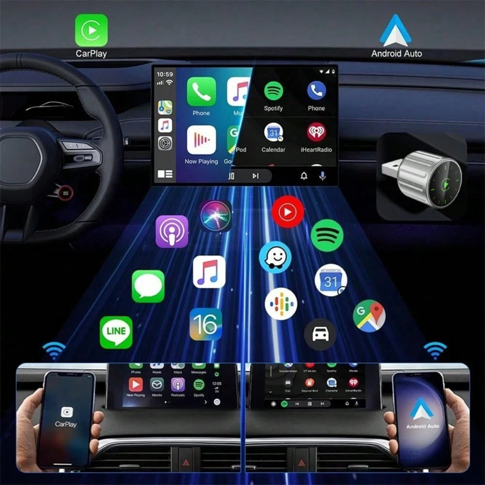 (2 IN 1• Wireless CarPlay ) Wired To Wireless CarPlay Adapter For CarPlay And Android Auto, Mini Size USB Port For 2016+ Cars And 10+/ Android 11+ 2025 Upgrade.(Attached Data Cable)