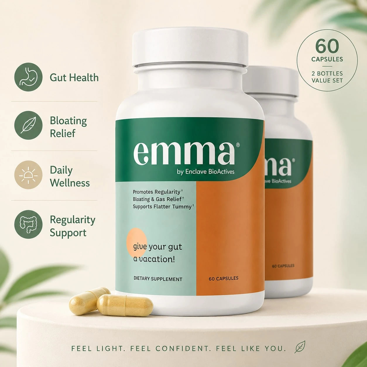 2-Pack Bundle|Emma Digestive Support, Bloating & Gas Relief, Supports Regularity & Flatter Tummy, 60 Capsules/Bottle