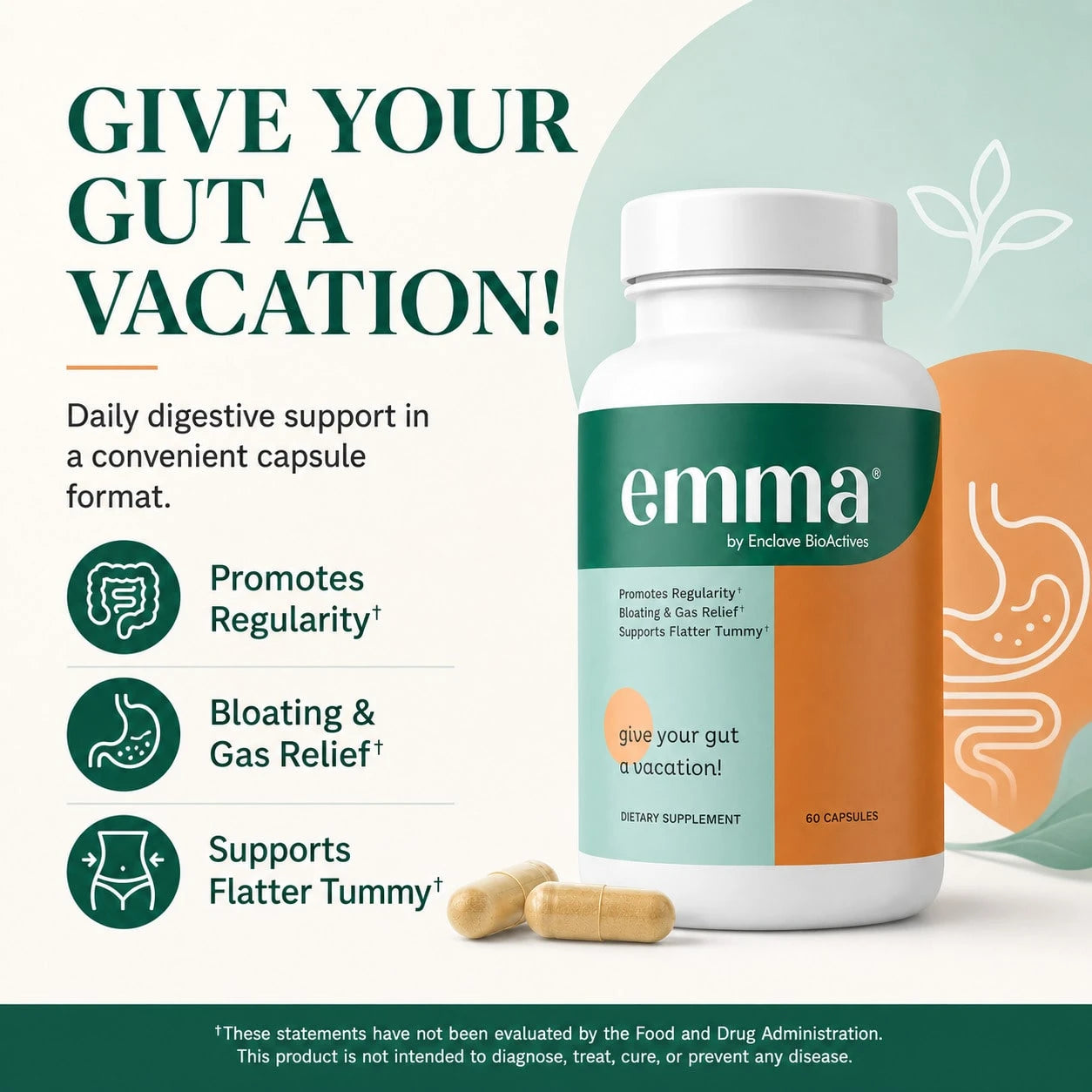 2-Pack Bundle|Emma Digestive Support, Bloating & Gas Relief, Supports Regularity & Flatter Tummy, 60 Capsules/Bottle