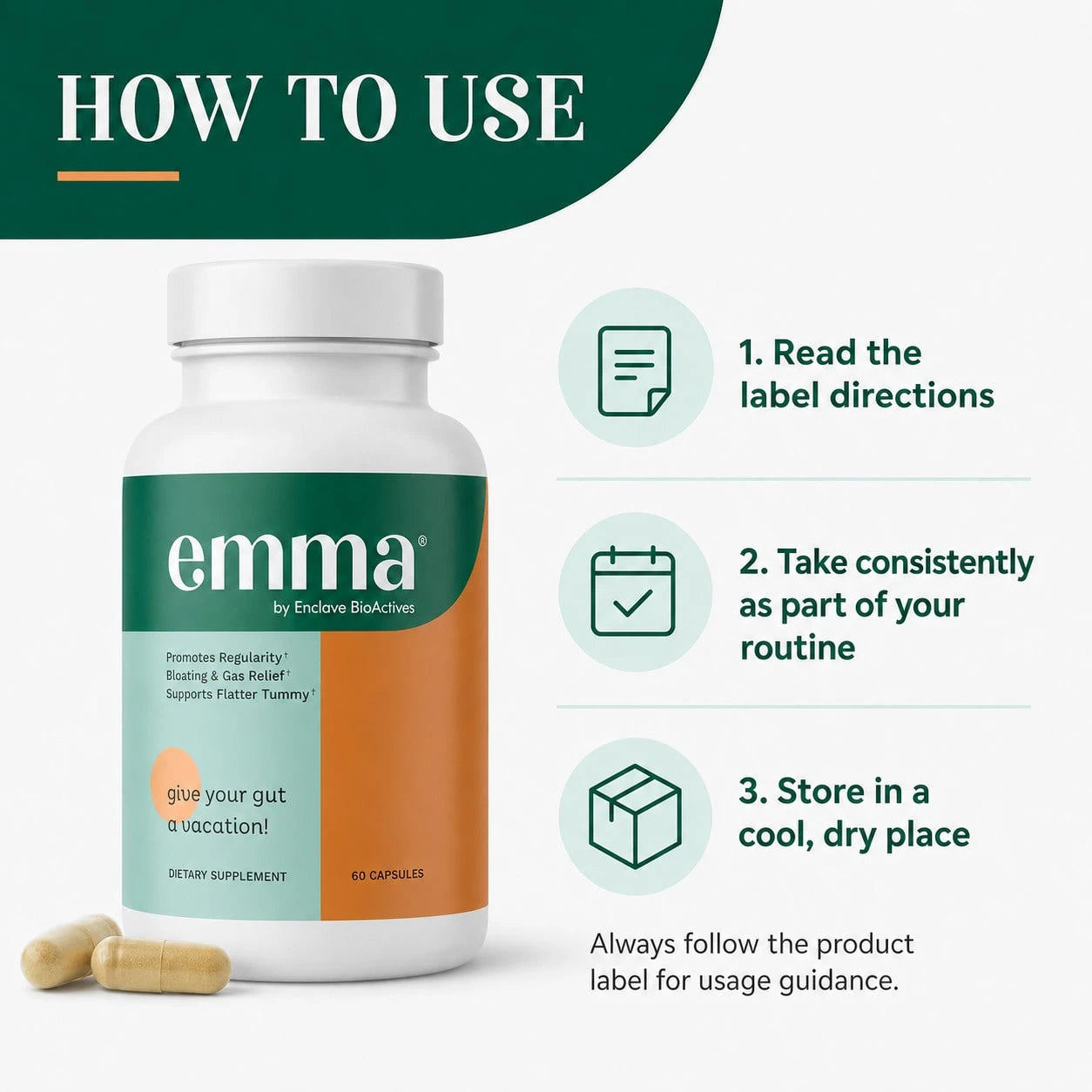 2-Pack Bundle|Emma Digestive Support, Bloating & Gas Relief, Supports Regularity & Flatter Tummy, 60 Capsules/Bottle