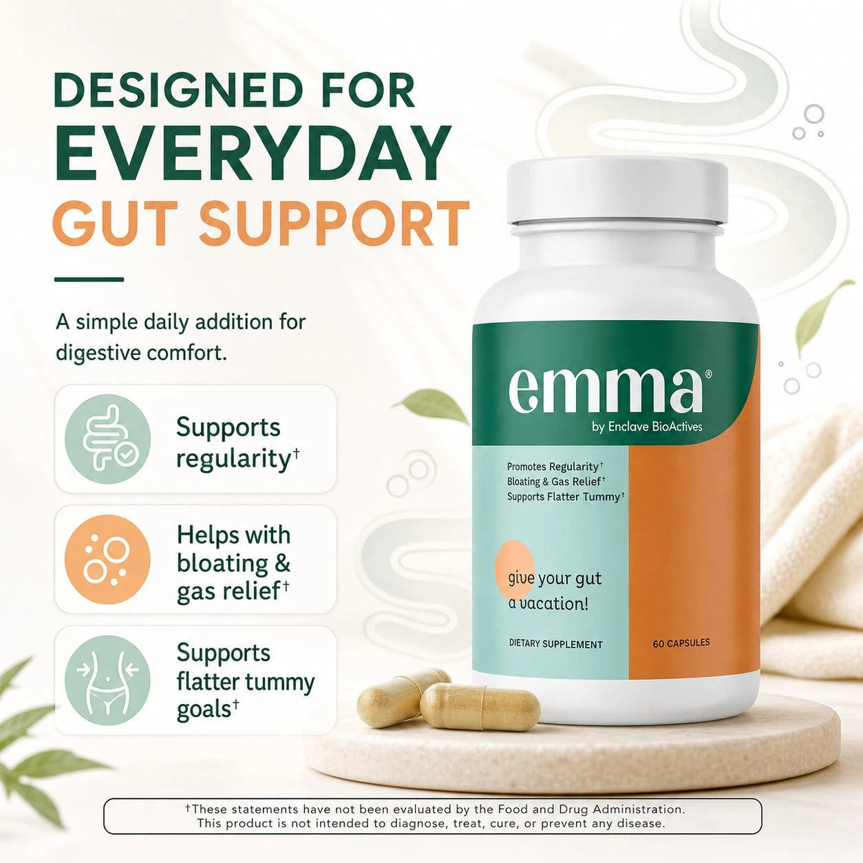 2-Pack Bundle|Emma Digestive Support, Bloating & Gas Relief, Supports Regularity & Flatter Tummy, 60 Capsules/Bottle