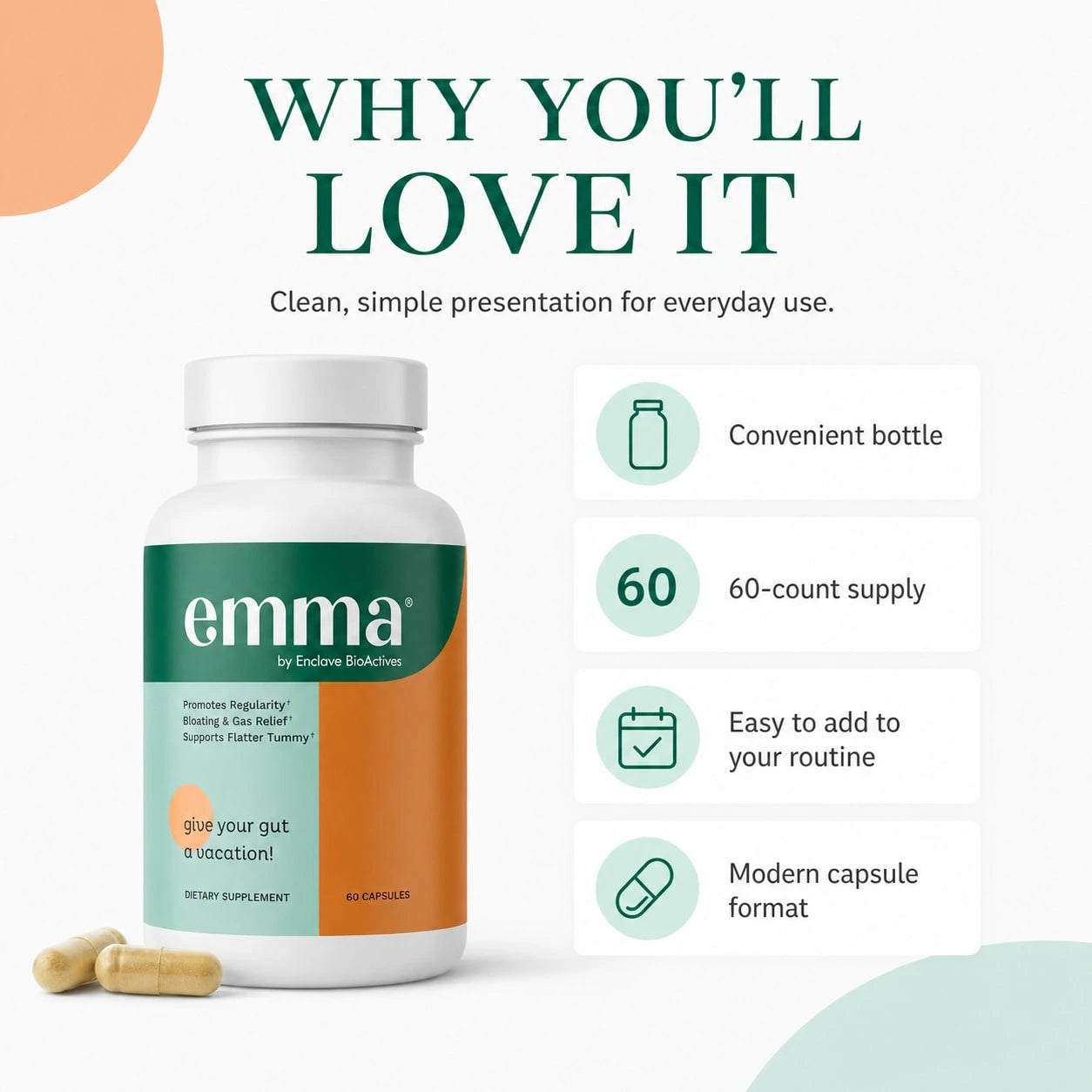 2-Pack Bundle|Emma Digestive Support, Bloating & Gas Relief, Supports Regularity & Flatter Tummy, 60 Capsules/Bottle