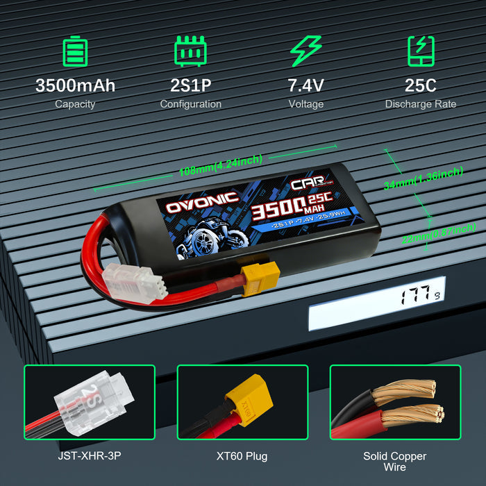 2-Pack Ovonic 7.4V 3500mAh 2S LiPo Battery | Lightweight 2S1P with XT60 to TRA Plug for LaTrax, 1/12 Scale & 1/10 Buggy