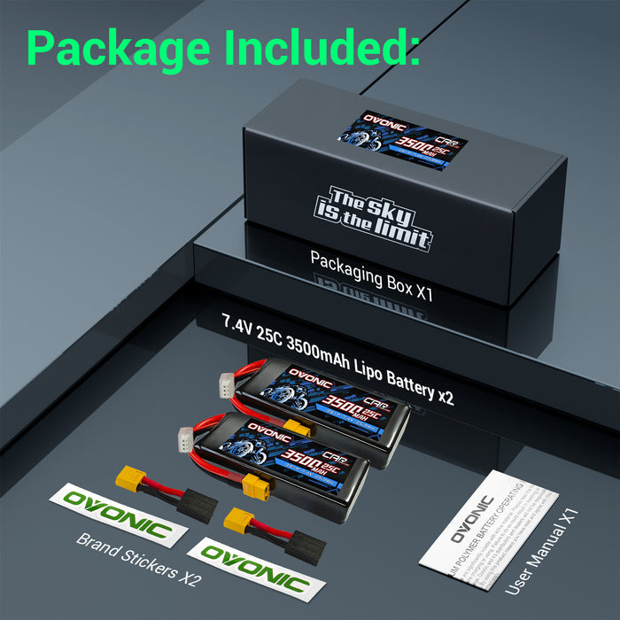 2-Pack Ovonic 7.4V 3500mAh 2S LiPo Battery | Lightweight 2S1P with XT60 to TRA Plug for LaTrax, 1/12 Scale & 1/10 Buggy
