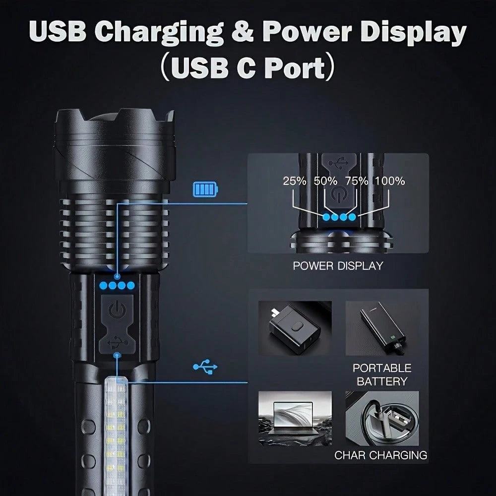 2-Pack USB Rechargeable High Power LED Handheld Flashlights, Work Lights With COB Side Lamp, 7 Modes, Emergency Lighting For Outdoors, Hiking, Camping, Up To 200M Range, For Travel