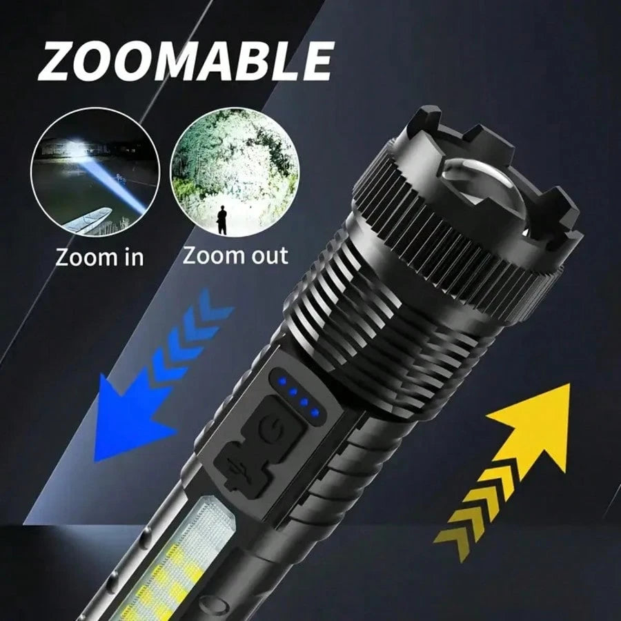 2-Pack USB Rechargeable High Power LED Handheld Flashlights, Work Lights With COB Side Lamp, 7 Modes, Emergency Lighting For Outdoors, Hiking, Camping, Up To 200M Range, For Travel