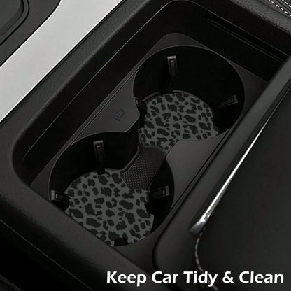 2 Pcs Car Cup Coasters, Black Leopard Print Universal Non-Slip Rubber Car Coasters For Cup Holders 2.75 Inch, Car Interior Accessories For Women