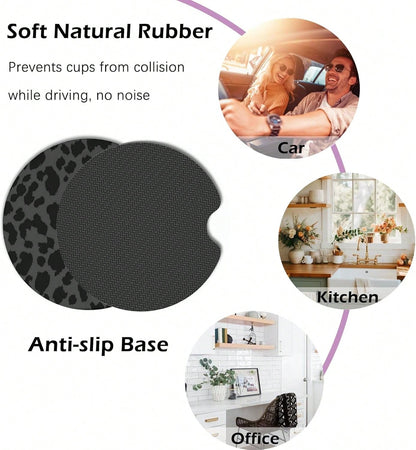 2 Pcs Car Cup Coasters, Black Leopard Print Universal Non-Slip Rubber Car Coasters For Cup Holders 2.75 Inch, Car Interior Accessories For Women
