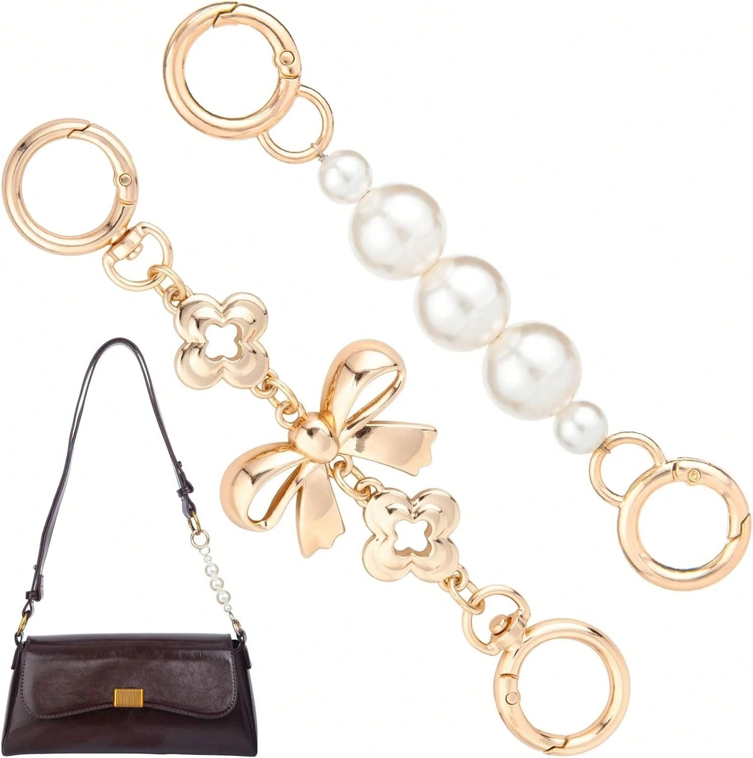 2 Pcs Gold Bow Bag Extender Chain Metal Pearl Purse Strap Replacement Bow Pattern Wallet Extender Chain Decoration For Purses Bags Wallet Fashion Acce