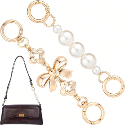 2 Pcs Gold Bow Bag Extender Chain Metal Pearl Purse Strap Replacement Bow Pattern Wallet Extender Chain Decoration For Purses Bags Wallet Fashion Acce