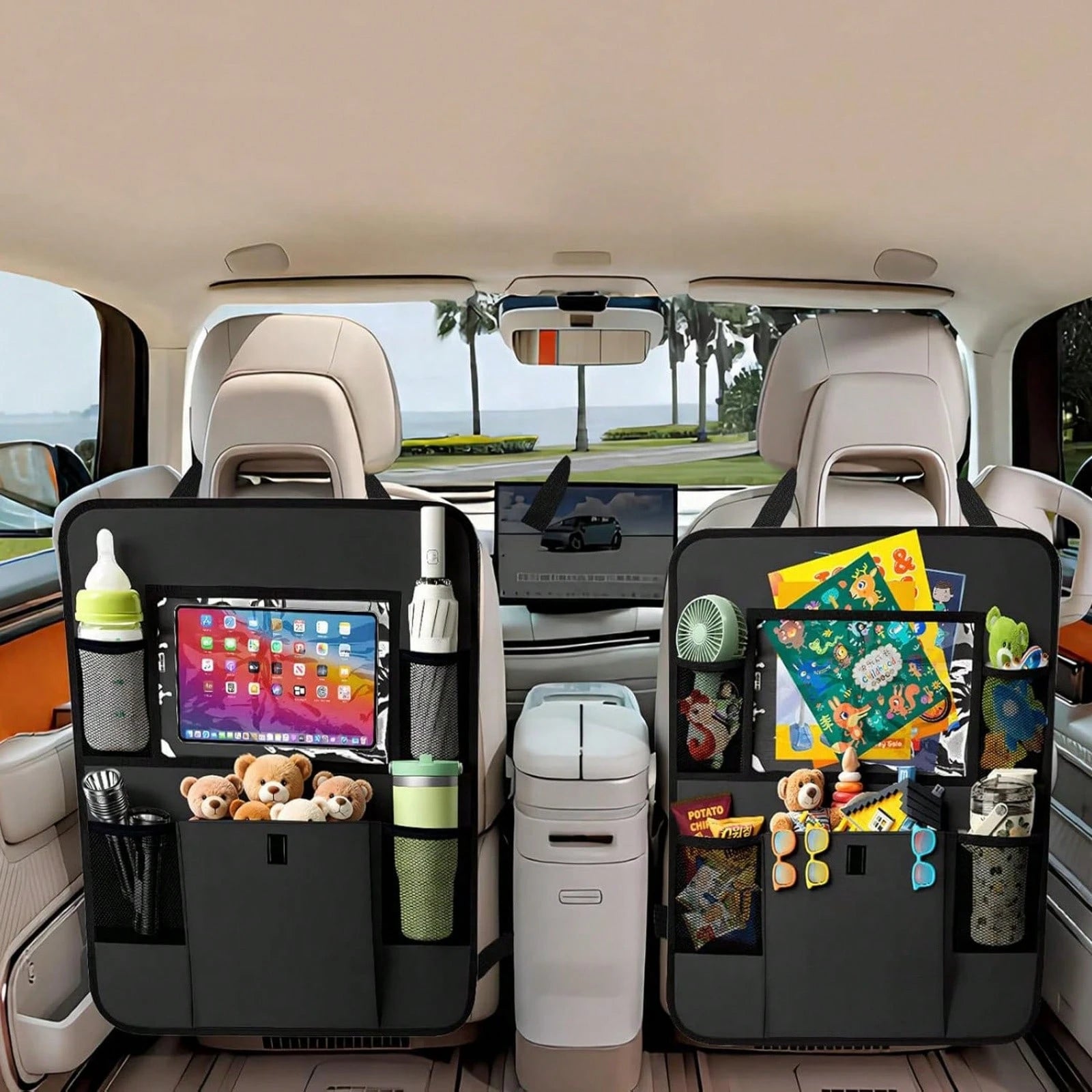 2-Piece Black Oxford Cloth Car Rear Seat Storage Bag With Multiple Pockets For Easy Storage, Suitable For All Car Models, Keeping Your Car Tidy And Orderly!