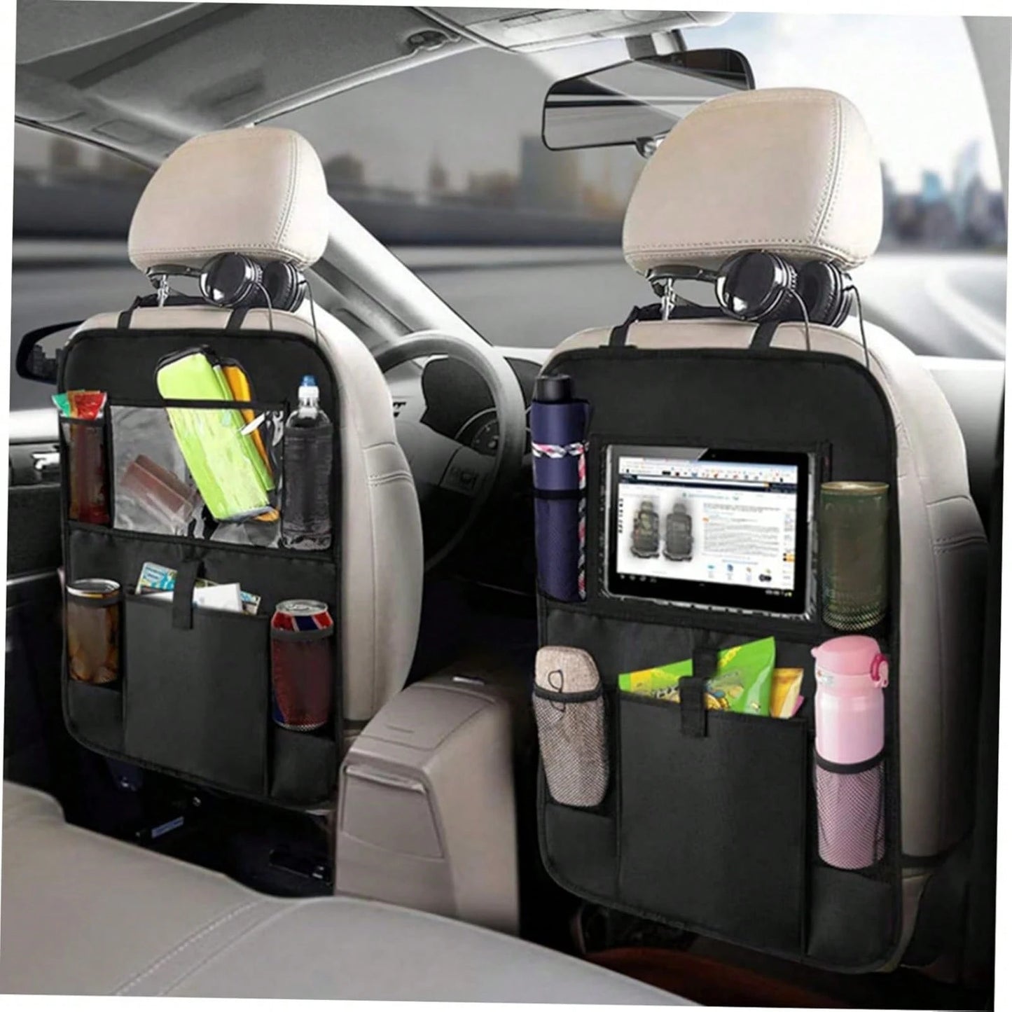 2-Piece Black Oxford Cloth Car Rear Seat Storage Bag With Multiple Pockets For Easy Storage, Suitable For All Car Models, Keeping Your Car Tidy And Orderly!