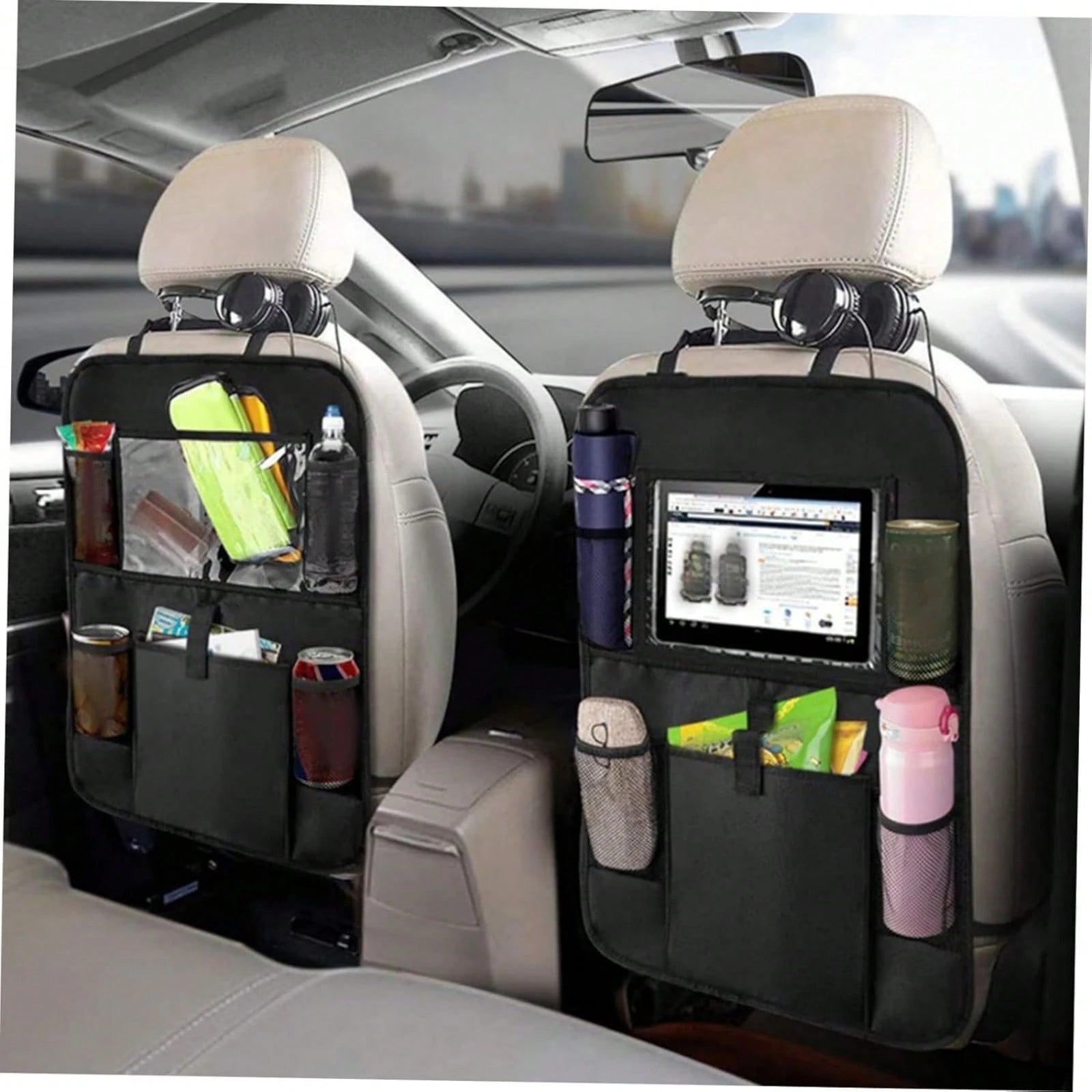 2-Piece Black Oxford Cloth Car Rear Seat Storage Bag With Multiple Pockets For Easy Storage, Suitable For All Car Models, Keeping Your Car Tidy And Orderly!
