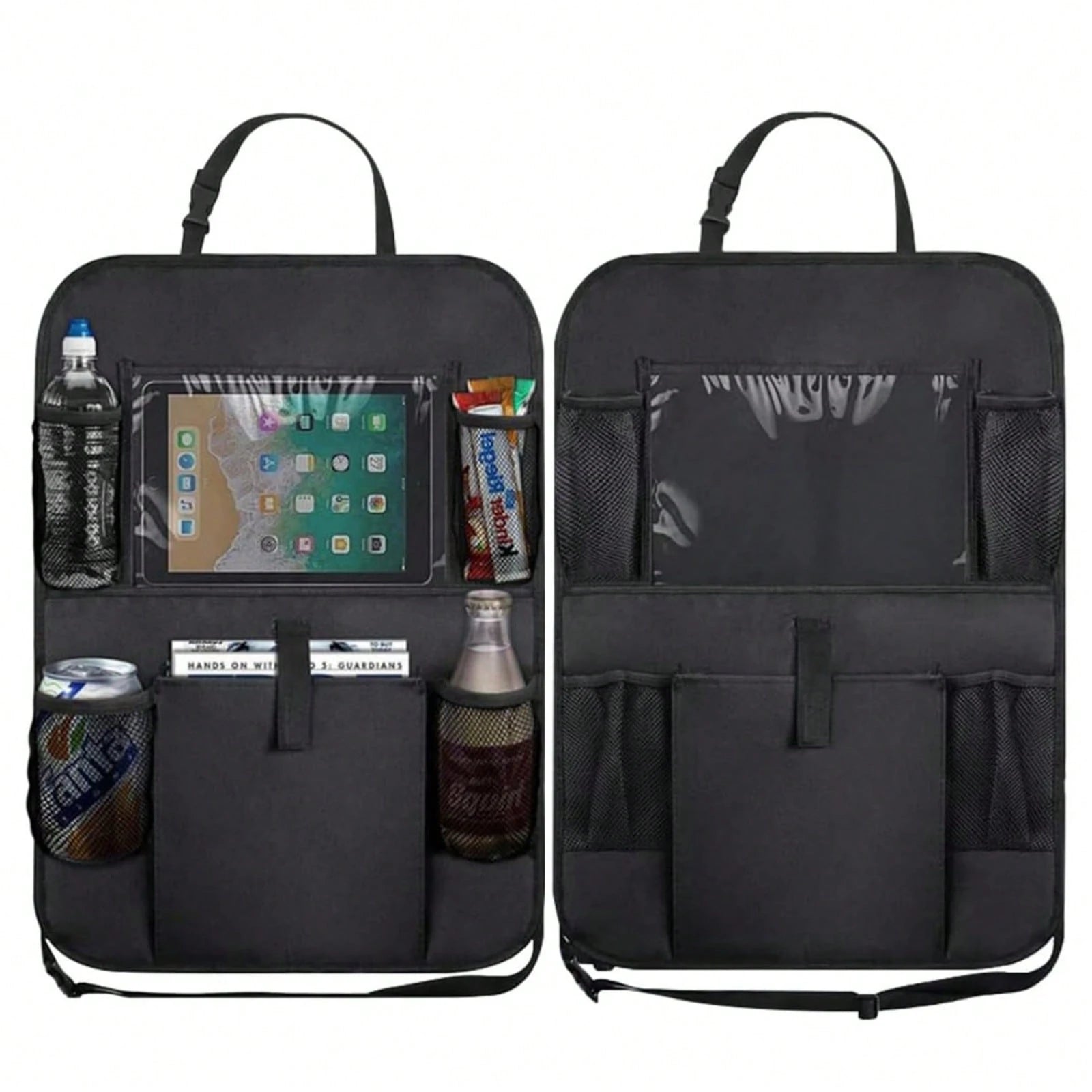 2-Piece Black Oxford Cloth Car Rear Seat Storage Bag With Multiple Pockets For Easy Storage, Suitable For All Car Models, Keeping Your Car Tidy And Orderly!