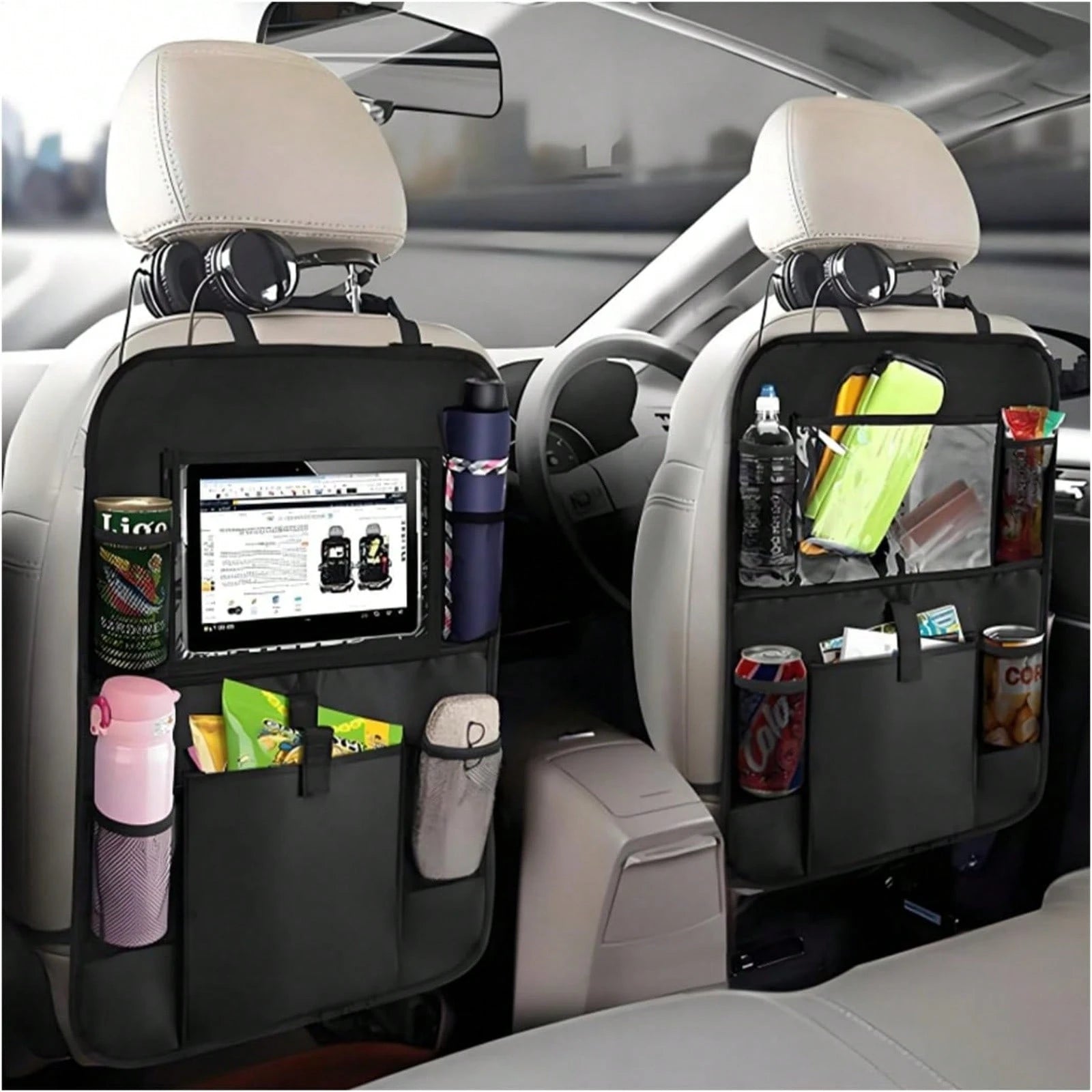 2-Piece Black Oxford Cloth Car Rear Seat Storage Bag With Multiple Pockets For Easy Storage, Suitable For All Car Models, Keeping Your Car Tidy And Orderly!