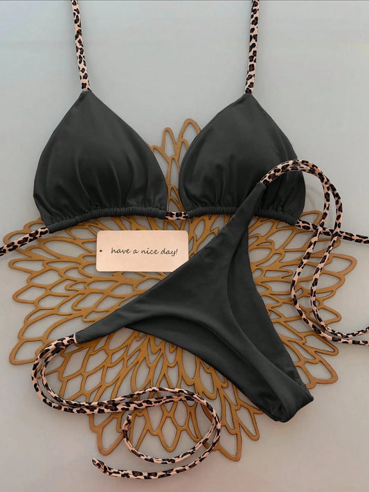 2 Pieces Sexy Halter-Tie Leopard Print Women Bikini Swimwear Vacation Beach Black Summer, Resort Wear