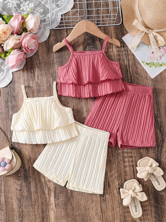 2 Sets Of 4pcs Sleeveless Shorts Outfits For Baby GirlIncludes Striped Camisole Top And Elastic Waist Shorts, Suitable For Summer, Outdoor, Casual, Holiday, Gift- Apricot, Red