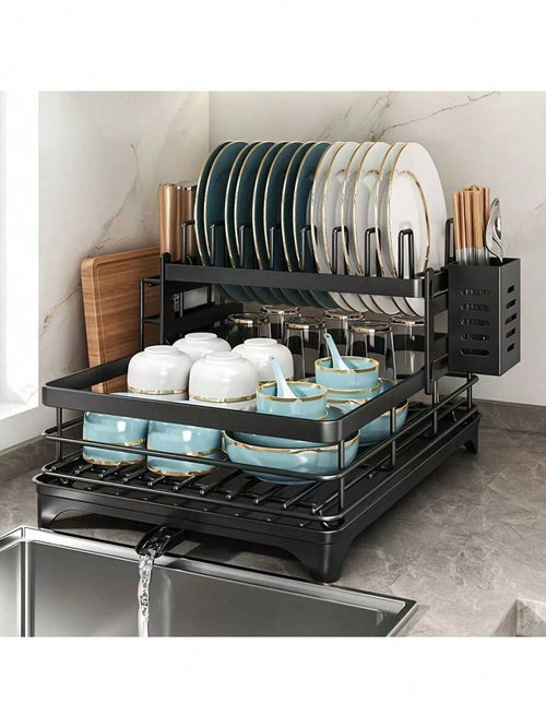 2-Tier Black Expandable Dish Drying Rack, Suitable For Kitchen Countertops, Large Dish Drainer With Pot Rack, Cup Rack, And Dish Rack For Iron Kitchen Counters And Sink Dish Racks - Large-Capacity Sto