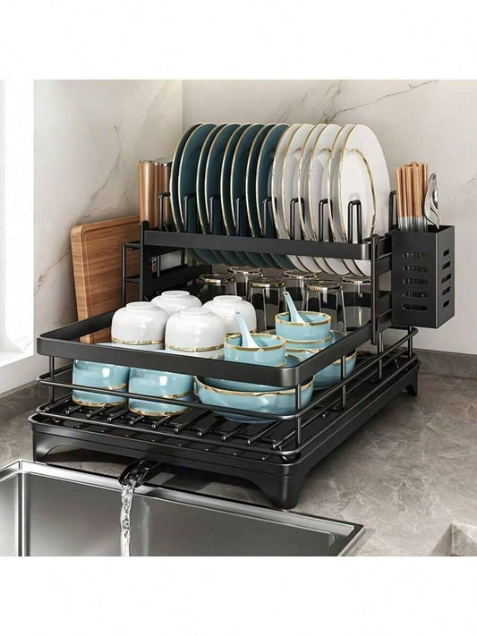 2-Tier Black Expandable Dish Drying Rack, Suitable For Kitchen Countertops, Large Dish Drainer With Pot Rack, Cup Rack, And Dish Rack For Iron Kitchen Counters And Sink Dish Racks - Large-Capacity Sto