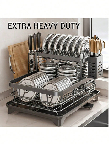 2-Tier Black Expandable Dish Drying Rack, Suitable For Kitchen Countertops, Large Dish Drainer With Pot Rack, Cup Rack, And Dish Rack For Iron Kitchen Counters And Sink Dish Racks - Large-Capacity Sto
