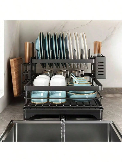 2-Tier Black Expandable Dish Drying Rack, Suitable For Kitchen Countertops, Large Dish Drainer With Pot Rack, Cup Rack, And Dish Rack For Iron Kitchen Counters And Sink Dish Racks - Large-Capacity Sto