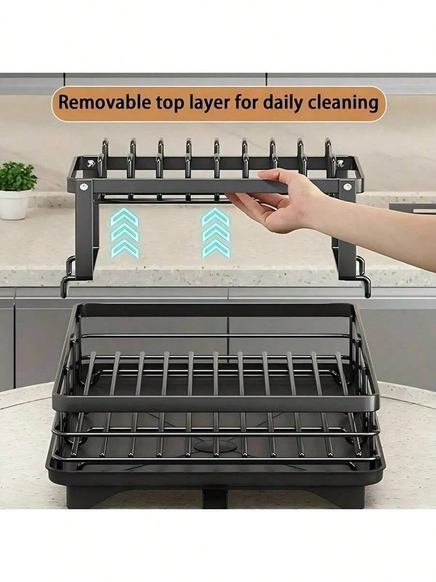 2-Tier Black Expandable Dish Drying Rack, Suitable For Kitchen Countertops, Large Dish Drainer With Pot Rack, Cup Rack, And Dish Rack For Iron Kitchen Counters And Sink Dish Racks - Large-Capacity Sto