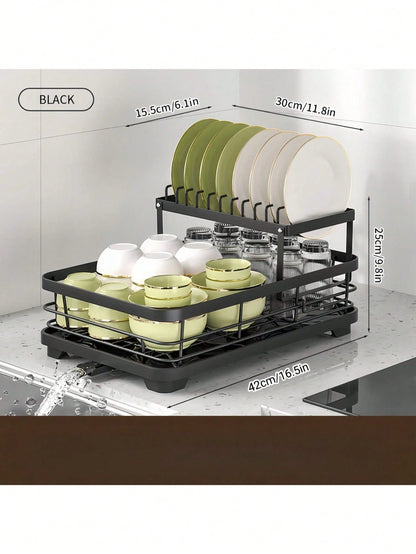 2-Tier Black Expandable Dish Drying Rack, Suitable For Kitchen Countertops, Large Dish Drainer With Pot Rack, Cup Rack, And Dish Rack For Iron Kitchen Counters And Sink Dish Racks - Large-Capacity Sto