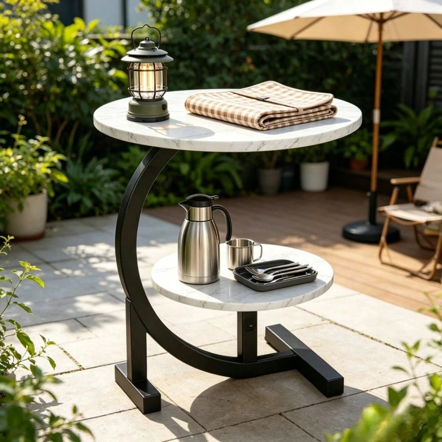 2-Tier Outdoor Patio Side Table, C-Shaped Weather Resistant Faux Marble End Table With Sturdy Metal Frame, Perfect For Garden, Backyard, Balcony, Poolside, Small Spaces, Indoor & Outdoor Use, For Camp