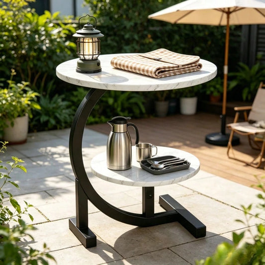 2-Tier Outdoor Patio Side Table, C-Shaped Weather Resistant Faux Marble End Table With Sturdy Metal Frame, Perfect For Garden, Backyard, Balcony, Poolside, Small Spaces, Indoor & Outdoor Use, For Camp