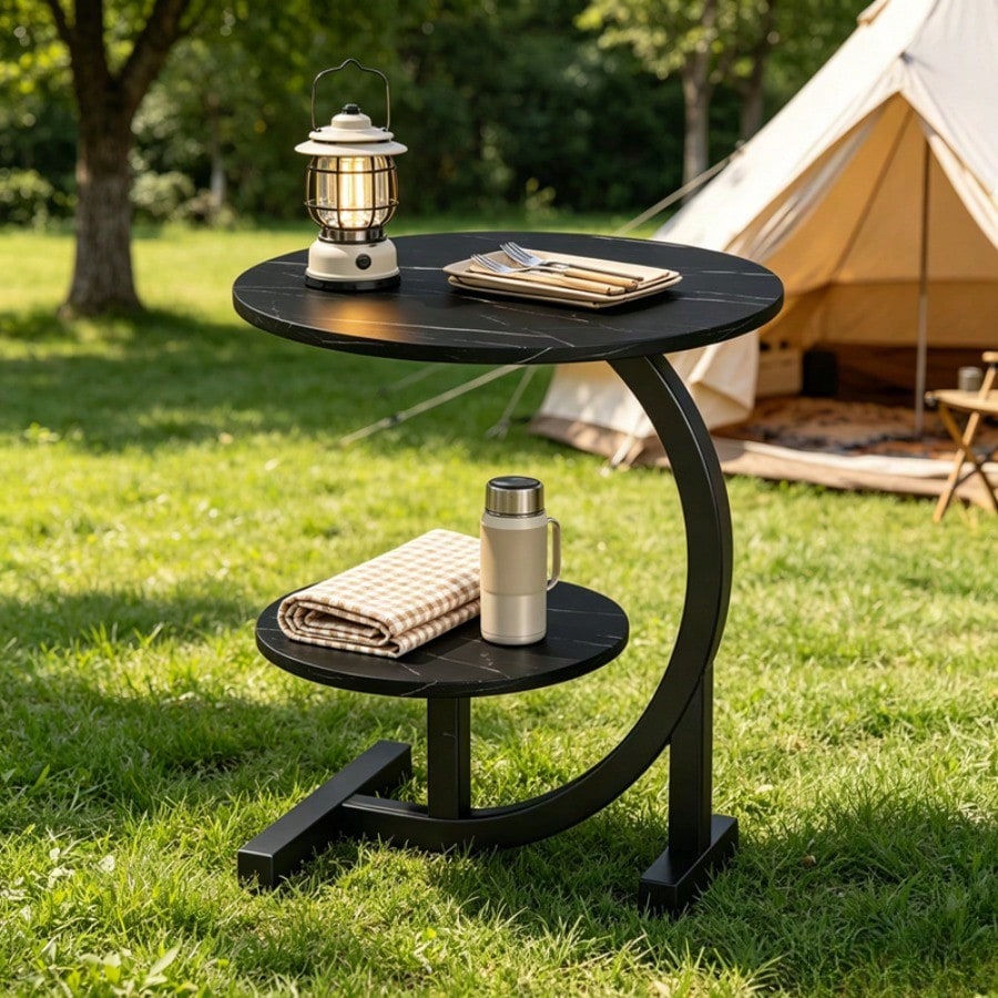 2-Tier Outdoor Patio Side Table, C-Shaped Weather Resistant Faux Marble End Table With Sturdy Metal Frame, Perfect For Garden, Backyard, Balcony, Poolside, Small Spaces, Indoor & Outdoor Use, For Camp