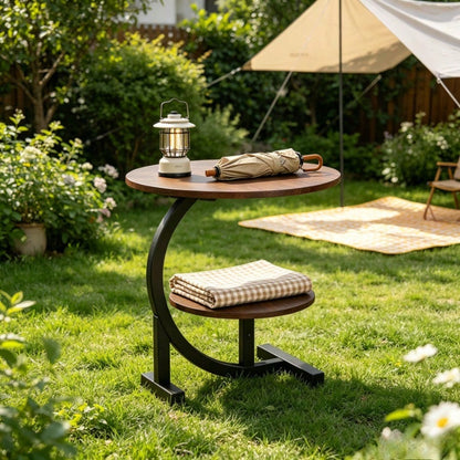 2-Tier Outdoor Patio Side Table, C-Shaped Weather Resistant Faux Marble End Table With Sturdy Metal Frame, Perfect For Garden, Backyard, Balcony, Poolside, Small Spaces, Indoor & Outdoor Use, For Camp