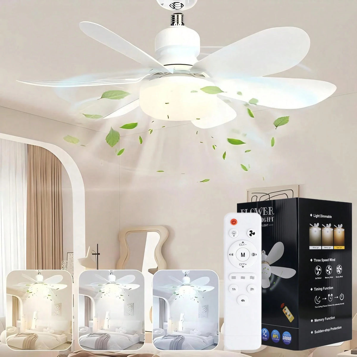 20.5" 40W Ceiling Fan Light With Remote, 3000K-6500K & 3 Quiet Speed, 1/2/4H Timer & Night Light, E27 Easy Install Ceiling Fans For Bedroom, Kitchen, Dining & Patio Use (White)