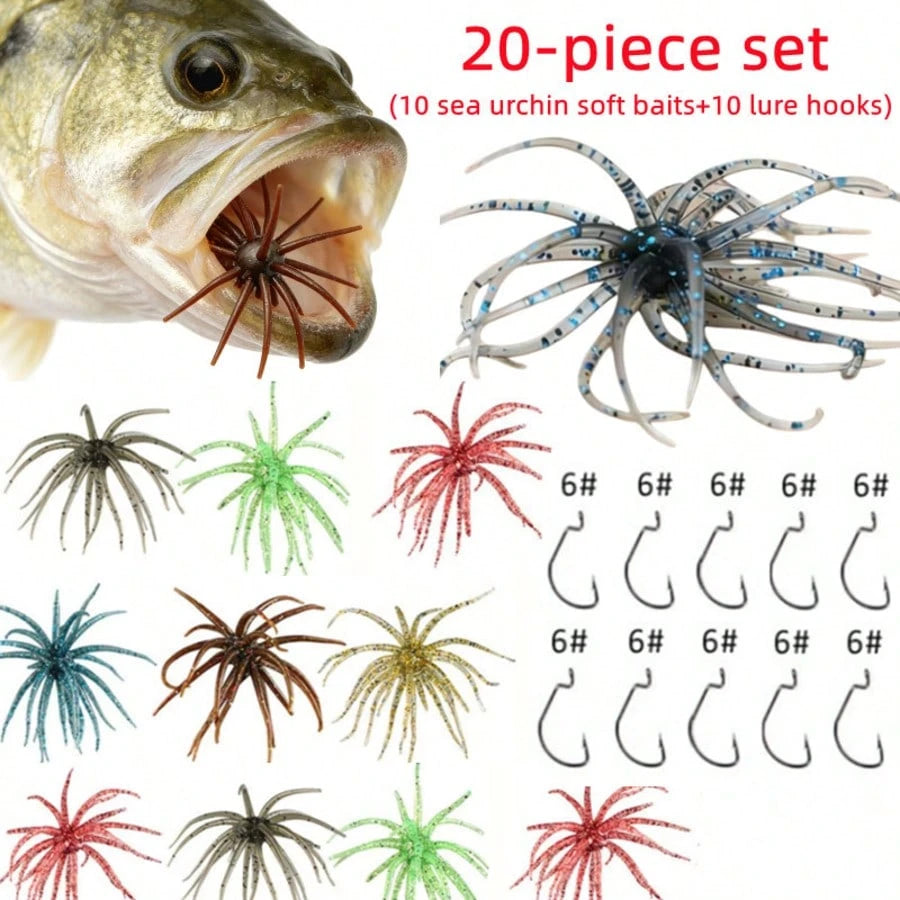 20-Piece Set (10 Sea Urchin Soft Baits+10 Lure Hooks), Wide Belly Crank Hooks, Spherical Floating Biomimetic Realistic Fishing Baits, Suitable For Bass, Trout, Lake, River Freshwater And Seawater Fish