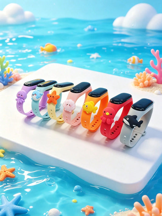 2026 New 7pcs/Set Kids' Favorite Ocean Series LED Touch Screen Electronic Watch With Cute 3D Cartoon Pendant- 7 Color Options, Displays Time & Date, Suitable For Birthday, Christmas, Holiday Gifts, D
