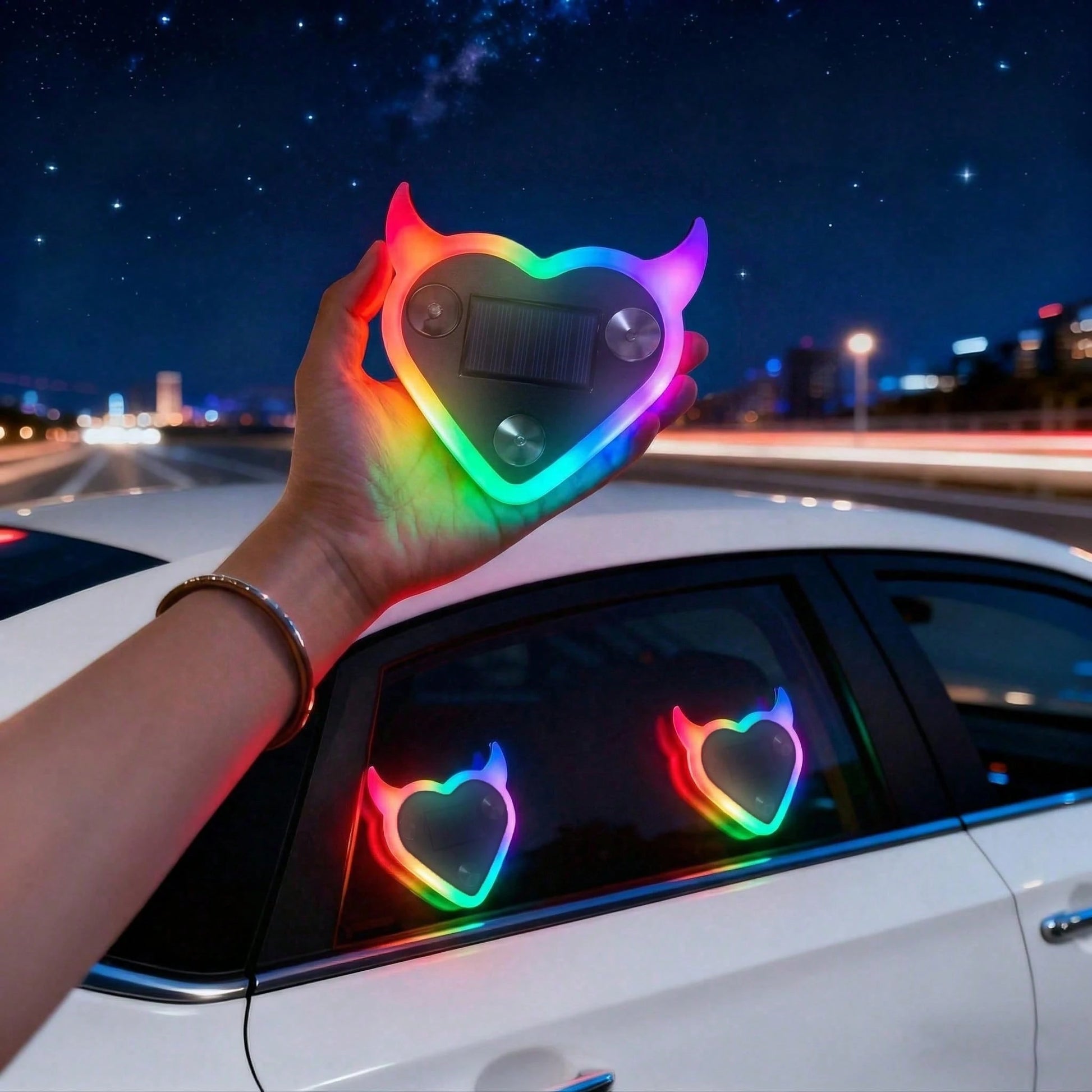 2026 New Devil Heart Solar LED Car Ambient Light, Heart-Shaped Neon Window Decor, Automatic Sensor Light, 5 Lighting Modes, Cute Aesthetic Car Accessory, Suitable For Women And Girls, Romantic Interio