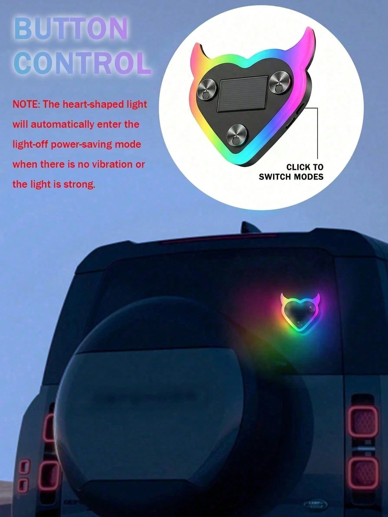 2026 New Devil Heart Solar LED Car Ambient Light, Heart-Shaped Neon Window Decor, Automatic Sensor Light, 5 Lighting Modes, Cute Aesthetic Car Accessory, Suitable For Women And Girls, Romantic Interio